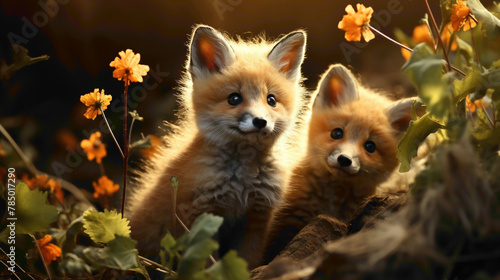 Cute baby foxes exploring a woodland, their fluffy tails and pointed ears capturing the enchanting spirit of these clever and elusive creatures.