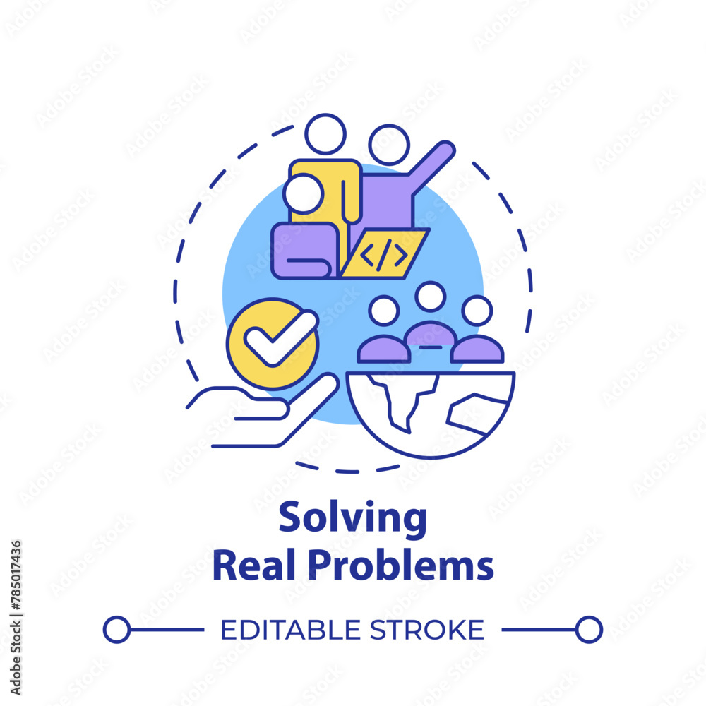 Solving real problems multi color concept icon. Hackathon benefit. Addressing global issues. Round shape line illustration. Abstract idea. Graphic design. Easy to use in promotional materials
