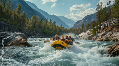 A group of people are rafting down a river, enjoying the thrill of the ride. The water is choppy and the raft is yellow, making it easy to spot. The group is wearing life jackets © SKW