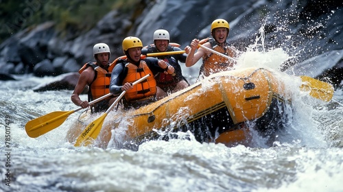 A group of people are rafting down a river, with one of them holding a yellow paddle © SKW