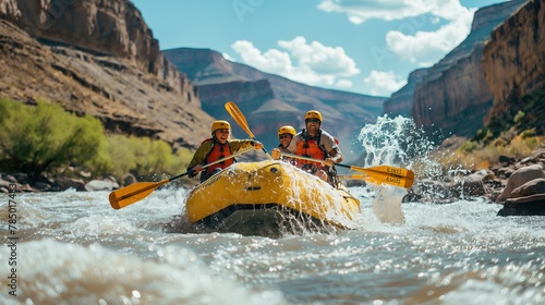 A group of people are rafting down a river, with one of them wearing a yellow life jacket © SKW
