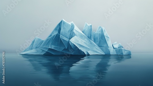 A large ice block floating in the ocean. The ice is so large that it is almost as tall as the mountain in the background. The water is calm and the sky is cloudy © SKW