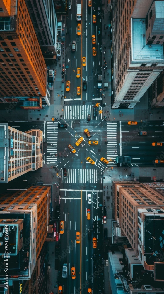 An aerial view of a city street with many cars and buildings. Generative AI. - obrazy, fototapety, plakaty 