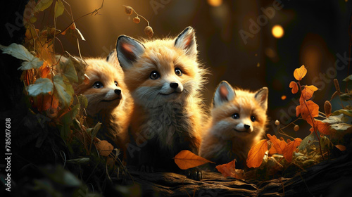 Cute baby foxes exploring a woodland, their fluffy tails and pointed ears capturing the enchanting spirit of these clever and elusive creatures. © Shani