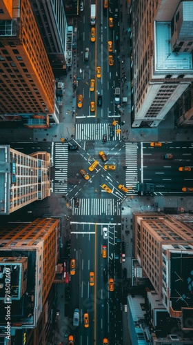 An aerial view of a city street with many cars and buildings. Generative AI.