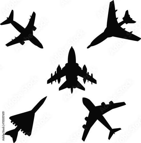 Fighter jet aircraft silhouette vector on white background, military vehicle technology, set of air force weapon in black and white.