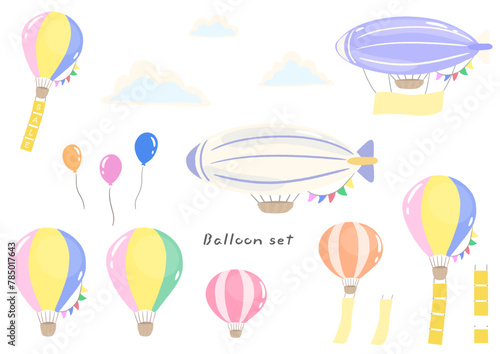 Hot air balloon and airship, balloons, colorful hand drawn cute illustration set / 熱気球と飛行船、風船、カラフルな手描きのかわいいイラストセット