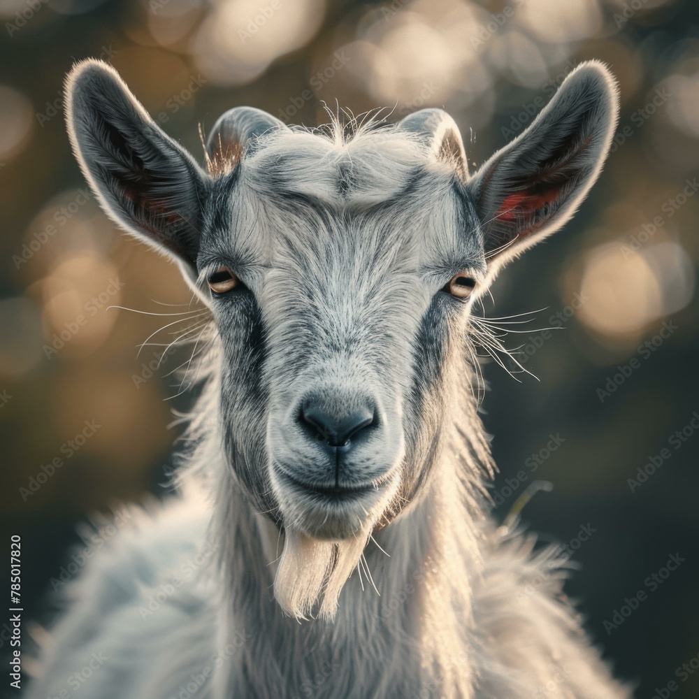 A close up of a goat with long hair standing in front of trees. Generative AI.