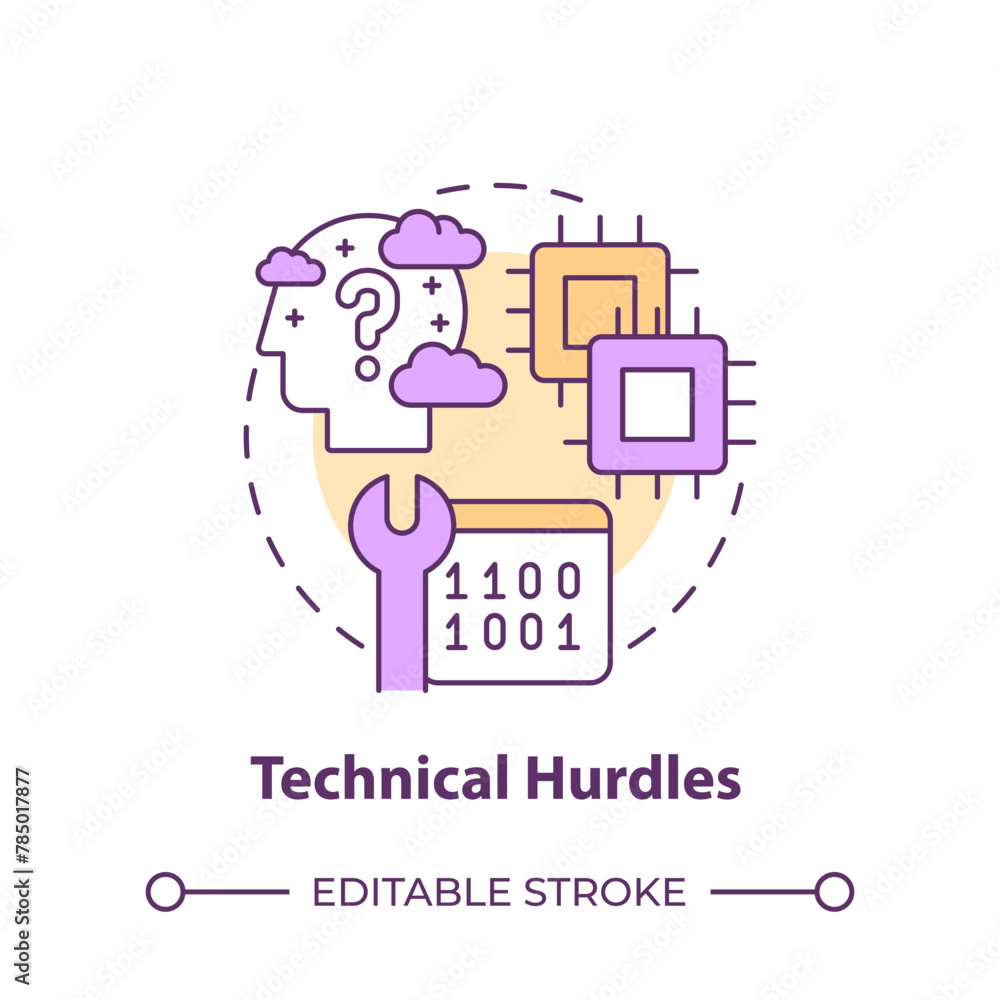 Technical hurdles multi color concept icon. Hackathon challenge. Difficulties with unknown tools. Round shape line illustration. Abstract idea. Graphic design. Easy to use in promotional materials Technical hurdles multi color concept icon. Hackathon challenge. Difficulties with unknown tools. Round shape line illustration. Abstract idea. Graphic design. Easy to use in promotional materials