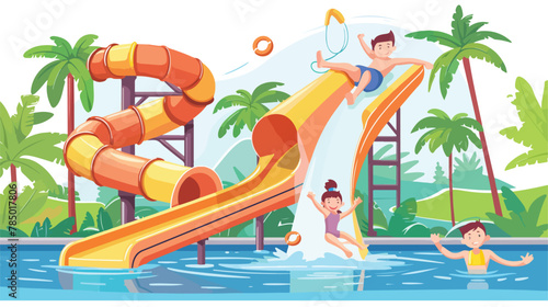 Boy on water slide and girl play in pool aqua park 