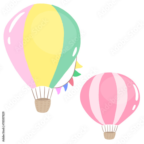 Hot air balloon with garland, colorful hand drawn cute illustration / ガーランドがついた熱気球、カラフルな手描きのかわいいイラスト
