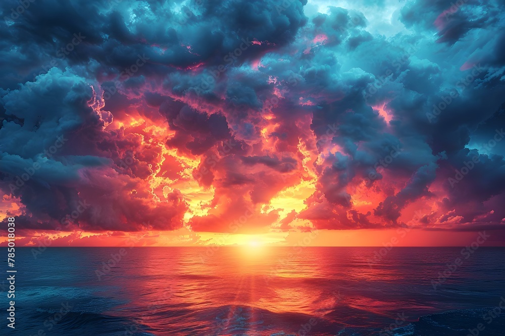 Surreal Symphony of Storm: Gothic Sunset Over Ocean. Concept Gothic Sunset, Oceanic Beauty, Moody Landscapes, Stormy Symphony