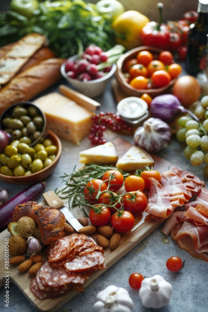 A table with a variety of foods including tomatoes, olives, bread, and cheese. Generative AI. A table with a variety of foods including tomatoes, olives, bread, and cheese. Generative AI.