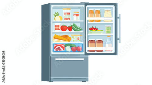 Open door refrigerator full of vegetables fruits meat