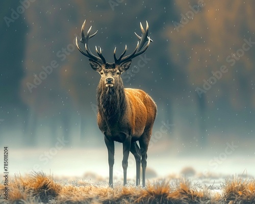 In a serene winter landscape  a majestic stag stands with a regal posture  its breath visible in the cold air  as gentle snowflakes fall around it.