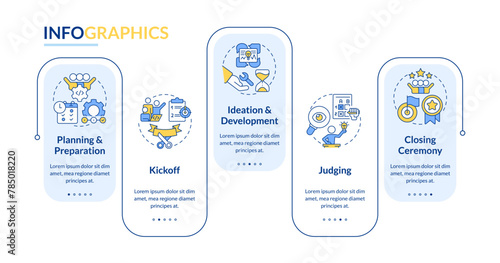Hackathon process structure blue rectangle infographic template. Data visualization with 5 steps. Editable timeline info chart. Workflow layout with line icons. Lato-Bold, Regular fonts used