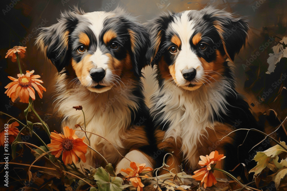 Curious puppies frolicking amidst vibrant flowers and greenery in a garden, creating a delightful and cute spectacle.