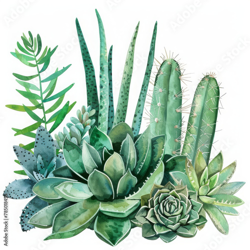 composition of watercolor green cacti, succulents, haworthia on a white background, hand-drawing, greeting card(Generative Ai) photo