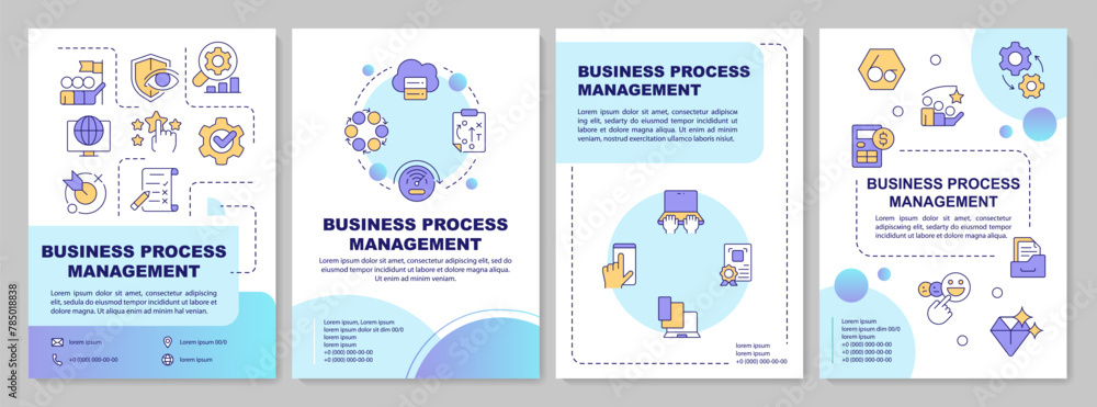BPM management blue gradient brochure template. Workflow automation. Leaflet design with linear icons. Editable 4 vector layouts for presentation, annual reports. Arial, Myriad Pro-Regular