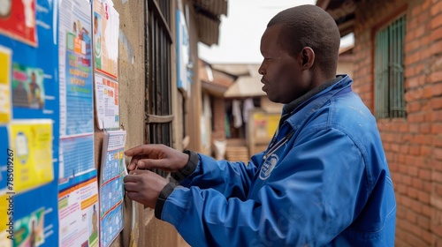 A public health officer placing informational posters on preventive measures during a health crisis, underlining the importance of community awareness and education.