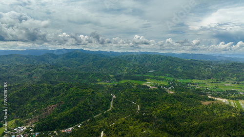 Aerial view of sugarcane plantations and agricultural land in the countryside. Negros, Philippines