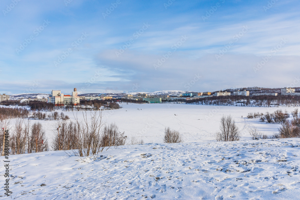  view of the historic city center beyond the Arctic Circle in early spring in Murmansk, Russia
