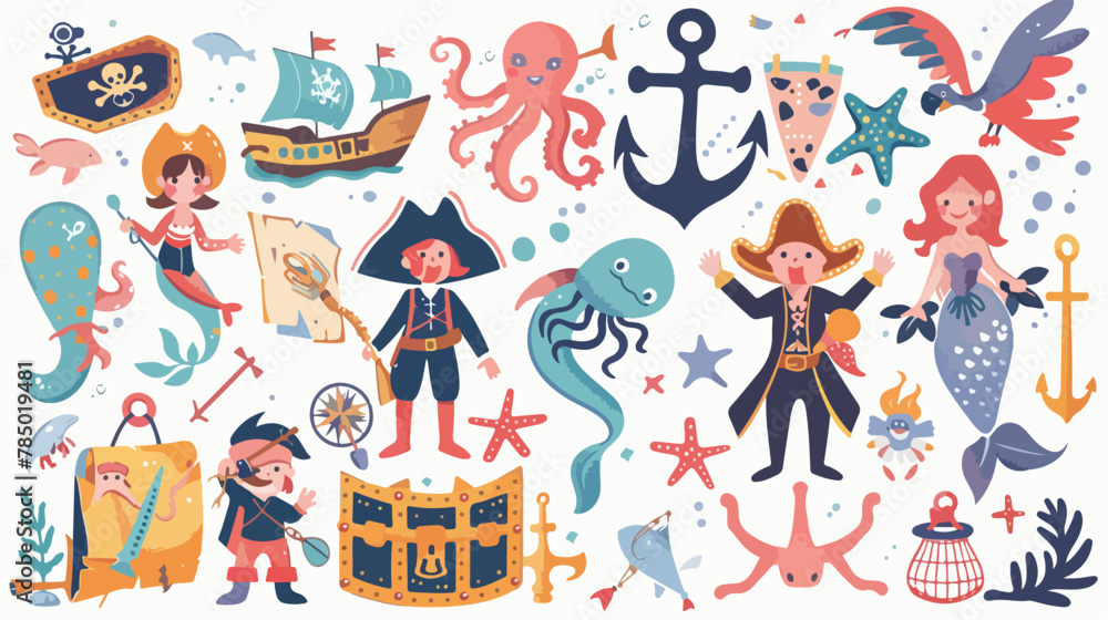 Pirate mermaid sea children cartoon set. Boy girl kid
