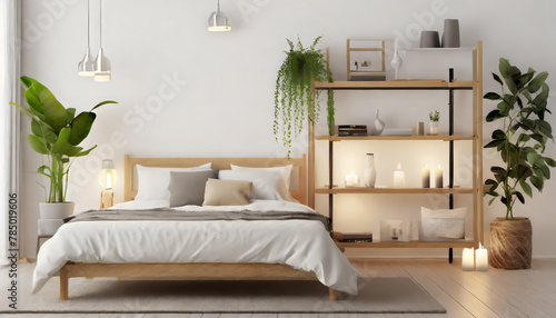 Interior of bedroom with bed, shelving unit, candles and houseplant near white wall photo