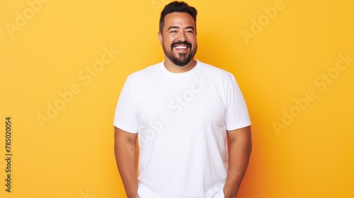 joyful young hispanic plus size body positive male man boy guy 30s in white blank design casual t-shirt posing color background studio portrait, ai