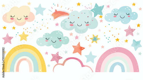 Cute rainbow clouds and stars. Sweet pastel colors. M