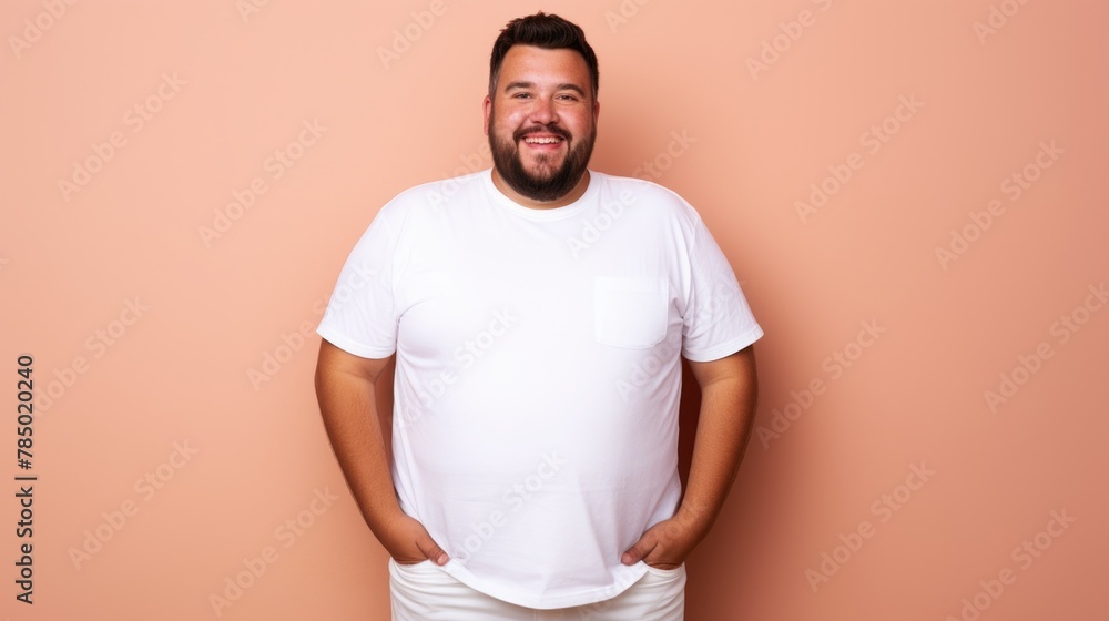 joyful young hispanic plus size body positive male man boy guy 30s in white blank design casual t-shirt posing color background studio portrait, ai joyful young hispanic plus size body positive male man boy guy 30s in white blank design casual t-shirt posing color background studio portrait, ai