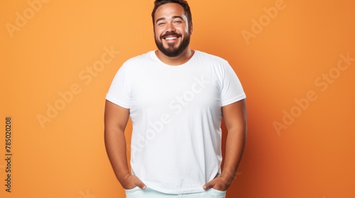 joyful young hispanic plus size body positive male man boy guy 30s in white blank design casual t-shirt posing color background studio portrait, ai photo