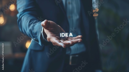 A close-up of a businessman's hand gesturing with IDEA written on the palm