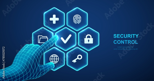 Privacy management and Internet security, cybersecurity control. Security shield with lock, key, fingerprint. Wireframe 3D hand shaking digital interface with improved data protection icons. © Ramcreative