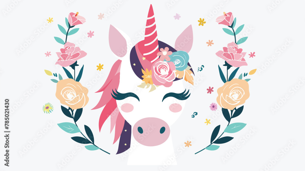 Cute unicorn face. Funny character with rose flowers.