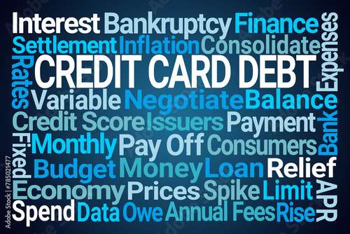 Credit Card Debt Word Cloud on Blue Background