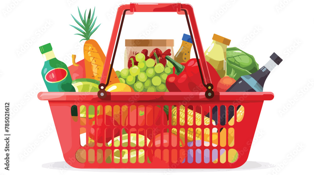 Red plastic shopping basket full of groceries. Superma