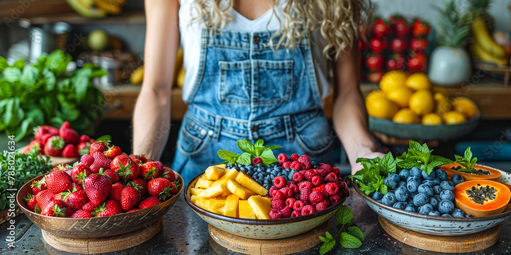 Fitness Focus: Woman Promoting Health with Fruit on Table