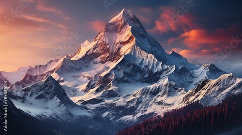 Mountain landscape with snow covered peaks at sunset. Panorama. © WaniArt