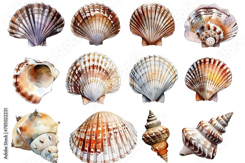 watercolor set of scallop shells isolated on white background