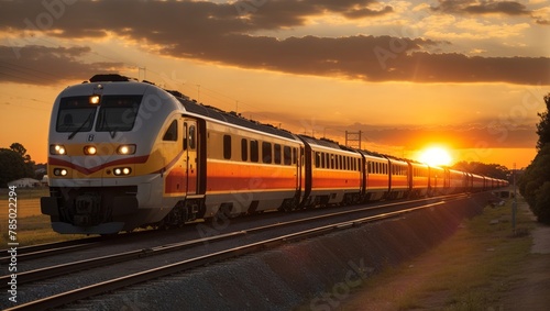 Two trains sit on parallel tracks at sunset.