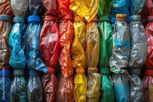 Large pile of used empty plastic bottles of different colors