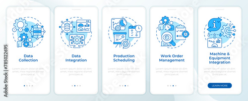 Production optimization blue onboarding mobile app screen. Walkthrough 5 steps editable graphic instructions with linear concepts. UI, UX, GUI template. Montserrat SemiBold, Regular fonts used