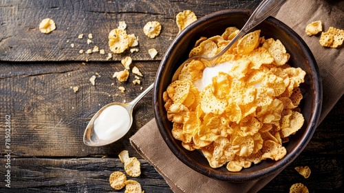 A spoon is used to eat cornflakes and milk.