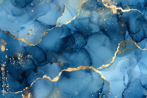 blue abstract watercolor background with golden streaks