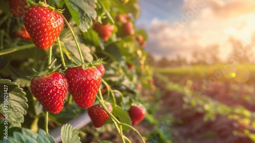 Ripe, red strawberries are hanging from vines in a field.