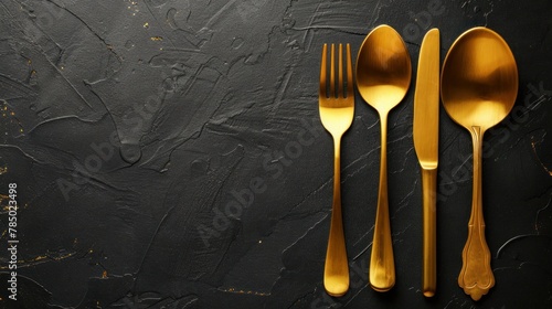 Golden spoons and forks on a black surface, with space for adding text.