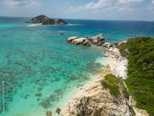 Okinawa, Japan: Aerial view of the Aharen beach in the tropical Tokashiki island in Okinawa in the Pacific Ocean.