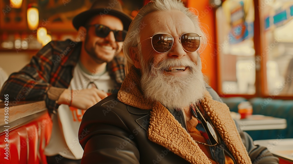 A joyful senior with a white beard and sunglasses, posing with a hipster in a retro diner