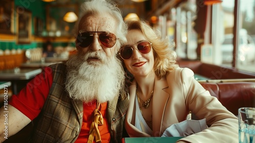A joyful senior with a white beard and sunglasses, posing with a hipster in a retro diner